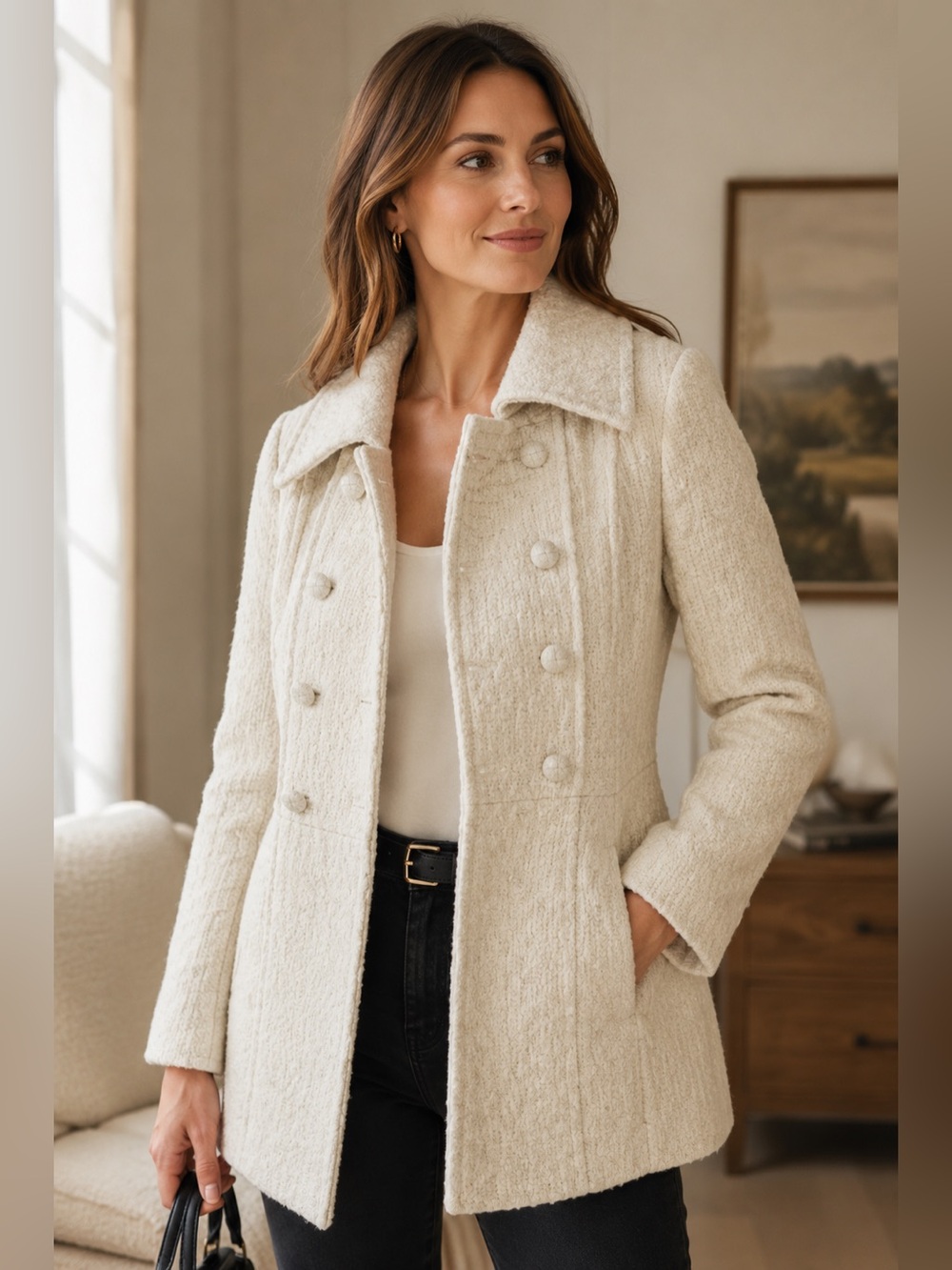 Tulle Ivory Boucle Peacoat Double Breasted Tailored Coat Medium